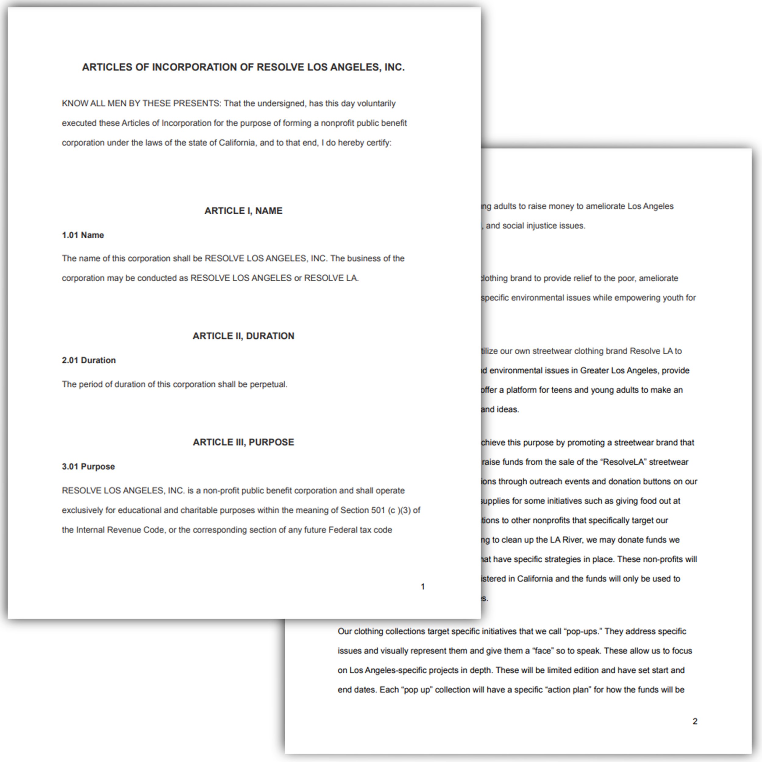 Photo of Articles of Incorporation Documentation